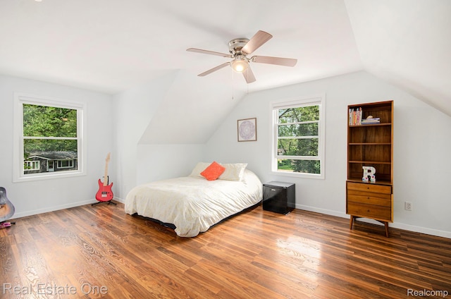 2400 Rolandale, West Bloomfield, MI 48324 - bedroom featuring lofted ceiling, wood finished floors, ceiling fan, and baseboards