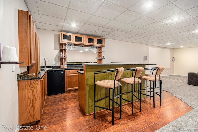 2400 Rolandale, West Bloomfield, MI 48324 - indoor wet bar with black dishwasher, dark wood finished floors, a paneled ceiling, and recessed lighting