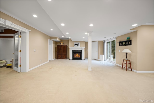 2401 Spyglass Dr, Oakland, MI 48363 - unfurnished living room with a fireplace, light carpet, ornamental molding, recessed lighting, and decorative columns