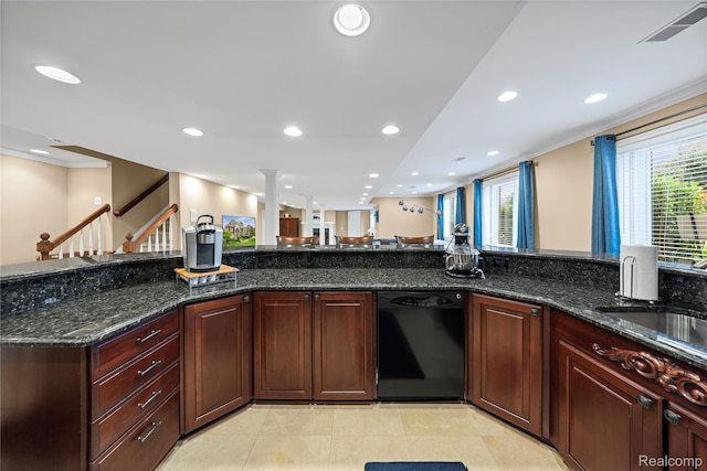2401 Spyglass Dr, Oakland, MI 48363 - kitchen featuring black dishwasher, recessed lighting, crown molding, and dark stone counters