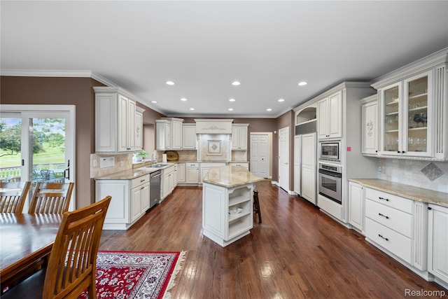 2401 Spyglass Dr, Oakland, MI 48363 - kitchen featuring open shelves, appliances with stainless steel finishes, crown molding, backsplash, and glass insert cabinets