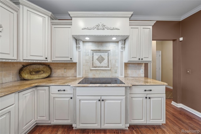 2401 Spyglass Dr, Oakland, MI 48363 - kitchen featuring black electric cooktop, dark wood-type flooring, tasteful backsplash, white cabinets, and crown molding
