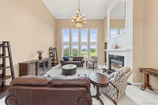 2401 Spyglass Dr, Oakland, MI 48363 - carpeted living area featuring a chandelier, a premium fireplace, ornamental molding, and a towering ceiling