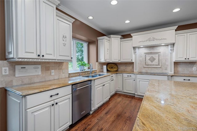 2401 Spyglass Dr, Oakland, MI 48363 - kitchen with dishwasher, crown molding, white cabinetry, black electric cooktop, and dark wood finished floors