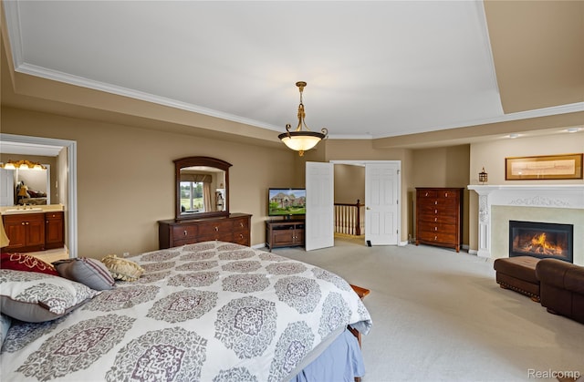 2401 Spyglass Dr, Oakland, MI 48363 - bedroom with crown molding, light colored carpet, a glass covered fireplace, and ensuite bathroom