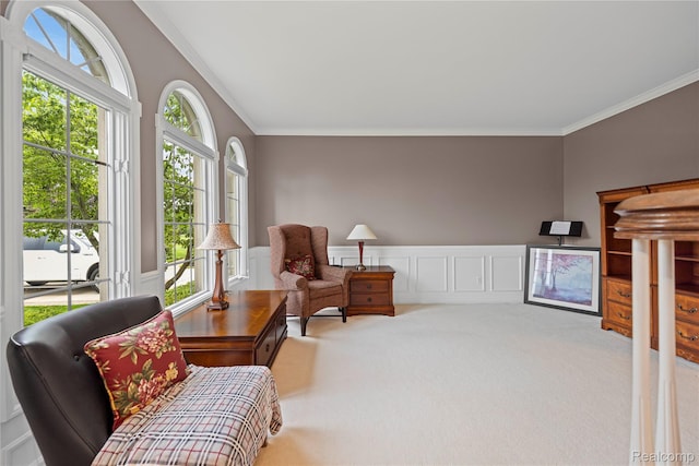 2401 Spyglass Dr, Oakland, MI 48363 - sitting room featuring ornamental molding, carpet floors, a wainscoted wall, and a decorative wall
