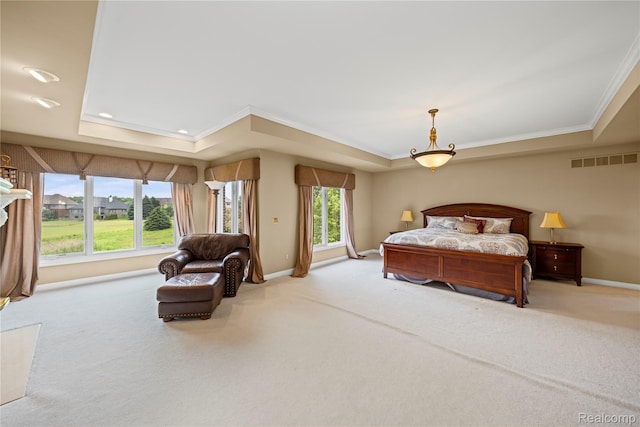 2401 Spyglass Dr, Oakland, MI 48363 - carpeted bedroom with crown molding, a raised ceiling, and recessed lighting