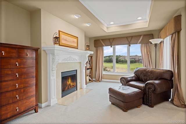 2401 Spyglass Dr, Oakland, MI 48363 - sitting room featuring carpet, a tray ceiling, a high end fireplace, recessed lighting, and ornamental molding