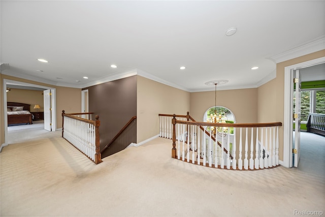 2401 Spyglass Dr, Oakland, MI 48363 - corridor featuring an upstairs landing, carpet, recessed lighting, ornamental molding, and a chandelier