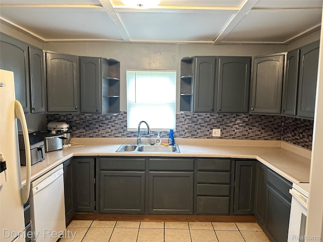 1286 Elmer Rd, Sandusky, MI 48471 - kitchen with a sink, white appliances, open shelves, coffered ceiling, and decorative backsplash