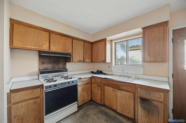 13332 Masonic Blvd, Warren, MI 48088 - kitchen with gas range gas stove, a sink, under cabinet range hood, and light countertops