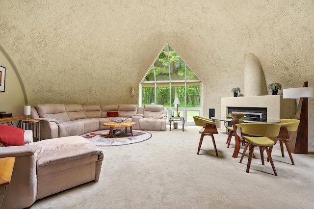 2755 N 9th St, Kalamazoo, MI 49009 - living area with carpet floors, a glass covered fireplace, and vaulted ceiling