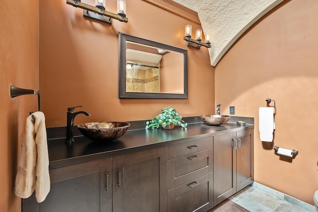 2755 N 9th St, Kalamazoo, MI 49009 - bathroom with double vanity, stone finish floors, toilet, and lofted ceiling