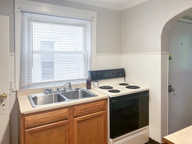 611 E Mount Hope Ave, Lansing, MI 48910 - kitchen with electric range, a sink, arched walkways, and light countertops