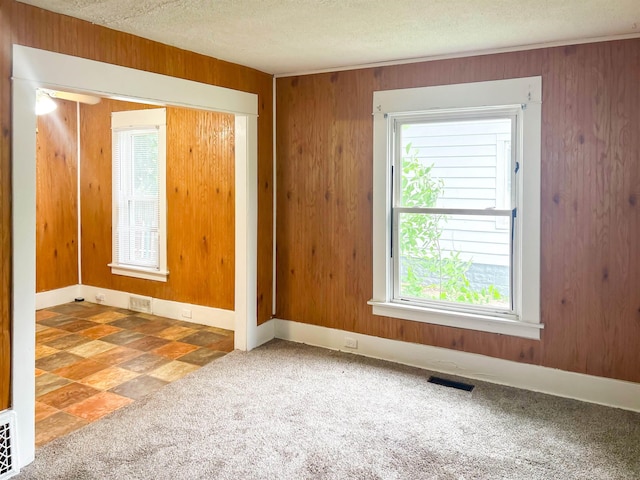611 E Mount Hope Ave, Lansing, MI 48910 - unfurnished room featuring healthy amount of natural light, a textured ceiling, wooden walls, and carpet