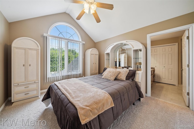 14163 Longneedle Ct, Shelby Twp, MI 48315 - bedroom with light carpet, lofted ceiling, and ceiling fan