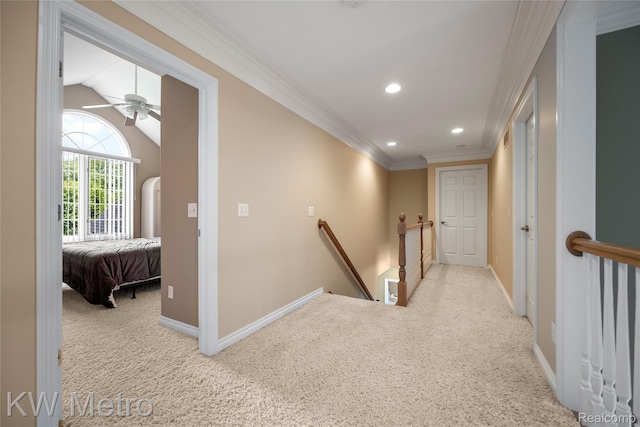 14163 Longneedle Ct, Shelby Twp, MI 48315 - hall featuring an upstairs landing, carpet, crown molding, and recessed lighting