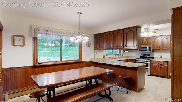 6624 Wellesley Ter, Clarkston, MI 48346 - kitchen with stainless steel appliances, a peninsula, a wainscoted wall, wooden walls, and light countertops