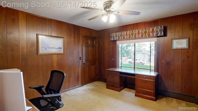 6624 Wellesley Ter, Clarkston, MI 48346 - home office featuring light colored carpet, wooden walls, and ceiling fan