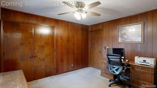 6624 Wellesley Ter, Clarkston, MI 48346 - office with light carpet, ceiling fan, and wood walls