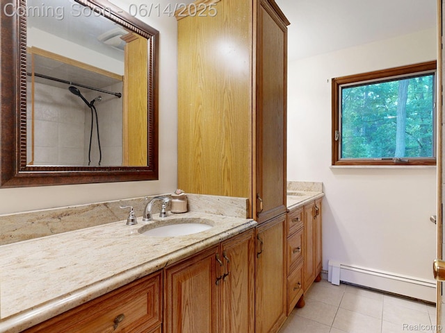 6624 Wellesley Ter, Clarkston, MI 48346 - bathroom with baseboard heating, vanity, tile patterned floors, and a shower