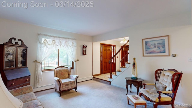 6624 Wellesley Ter, Clarkston, MI 48346 - living area with baseboard heating, carpet flooring, and stairway