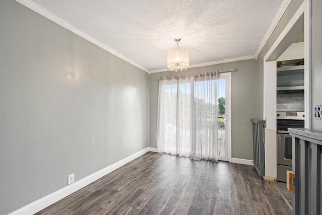 15765 Mason St, Union, MI 49130 - unfurnished dining area with a textured ceiling, a chandelier, dark wood-style floors, baseboards, and ornamental molding