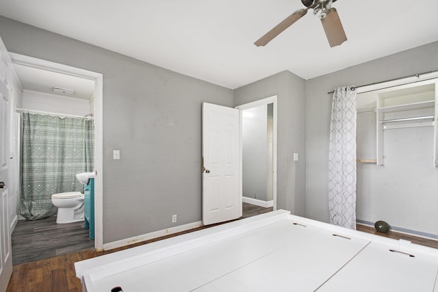 15765 Mason St, Union, MI 49130 - bedroom with wood finished floors, a closet, ceiling fan, ensuite bath, and baseboards