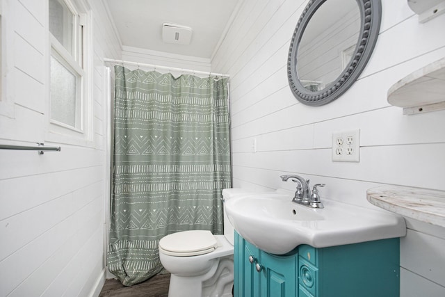 15765 Mason St, Union, MI 49130 - full bathroom with toilet, wood walls, vanity, wood finished floors, and a shower with shower curtain