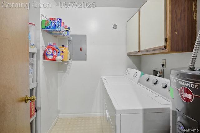 1332 Shoemaker Dr Unit 1332, Belleville, MI 48185 - washroom featuring independent washer and dryer, cabinet space, electric panel, water heater, and light flooring