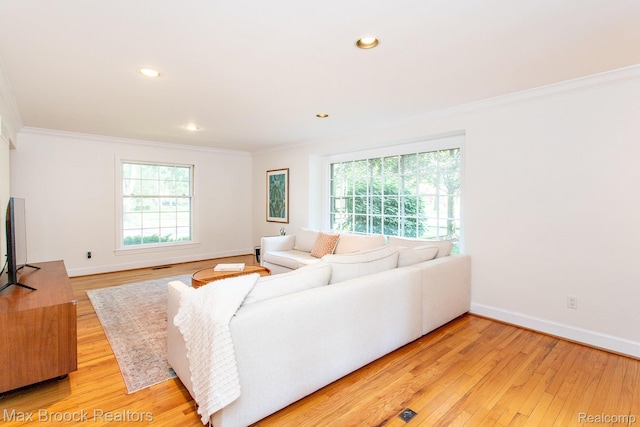 8019 Concord Rd, Huntington Woods, MI 48070 - living room featuring ornamental molding, light wood finished floors, and recessed lighting