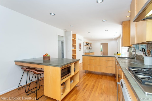 8019 Concord Rd, Huntington Woods, MI 48070 - kitchen with a peninsula, appliances with stainless steel finishes, open shelves, light wood-type flooring, and dark countertops