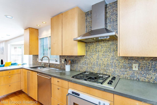 8019 Concord Rd, Huntington Woods, MI 48070 - kitchen with wall chimney exhaust hood, appliances with stainless steel finishes, backsplash, recessed lighting, and light wood-style flooring
