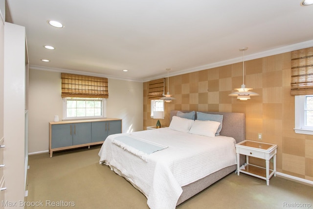 8019 Concord Rd, Huntington Woods, MI 48070 - carpeted bedroom featuring crown molding, multiple windows, and recessed lighting