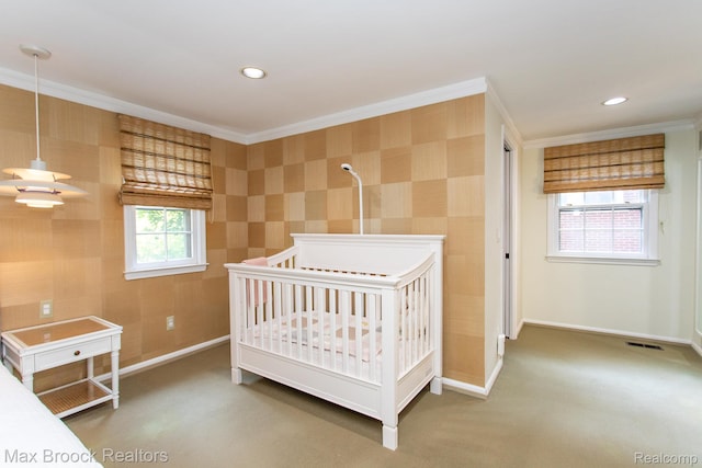 8019 Concord Rd, Huntington Woods, MI 48070 - bedroom featuring ornamental molding, carpet flooring, and recessed lighting