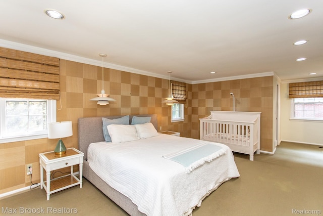 8019 Concord Rd, Huntington Woods, MI 48070 - carpeted bedroom with crown molding, recessed lighting, and wallpapered walls