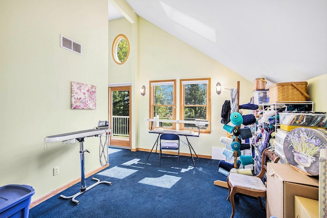5700 Dexter Townhall Rd, Dexter, MI 48130 - recreation room featuring a skylight, carpet, baseboards, plenty of natural light, and beam ceiling