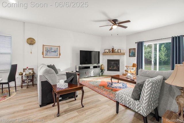11801 Hines Place Dr, Livonia, MI 48150 - living room featuring light wood-style flooring, ceiling fan, and a tile fireplace