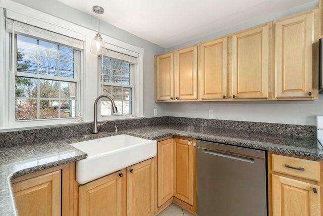46860 Shelby Rd, Michigan, MI 48317 - kitchen featuring stainless steel dishwasher, a sink, light brown cabinetry, pendant lighting, and dark stone counters
