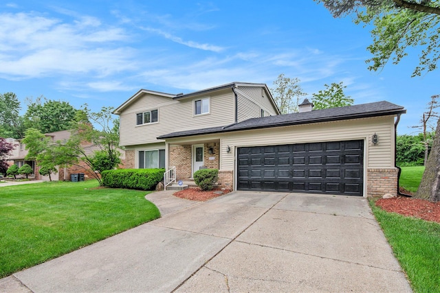 4014 Orchard Crest Dr, West Bloomfield, MI 48322 - view of front of home with brick siding, a front yard, concrete driveway, an attached garage, and a chimney