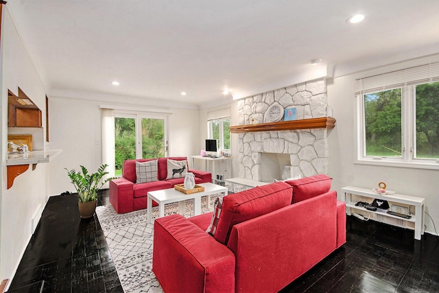 4014 Orchard Crest Dr, West Bloomfield, MI 48322 - living area with hardwood / wood-style flooring, a stone fireplace, and recessed lighting