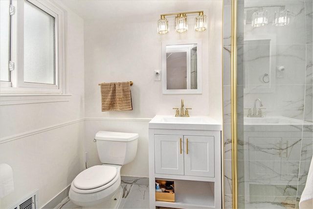 4014 Orchard Crest Dr, West Bloomfield, MI 48322 - full bathroom with toilet, vanity, a marble finish shower, marble finish flooring, and baseboards