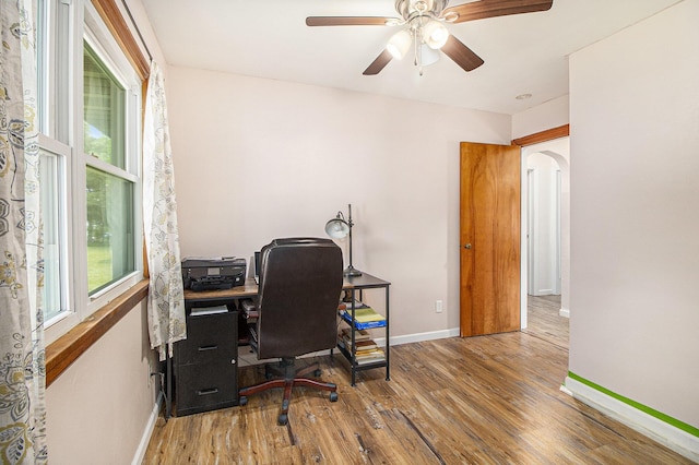 130 Woodway Ave, Battle Creek, MI 49014 - home office featuring baseboards, wood finished floors, and ceiling fan