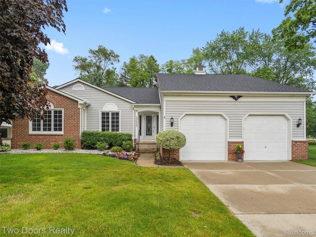 53020 Wolf Dr, Shelby Twp, MI 48316 - view of front of property featuring brick siding, an attached garage, driveway, a front yard, and a chimney