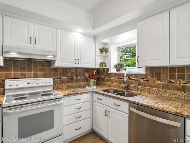 53020 Wolf Dr, Shelby Twp, MI 48316 - kitchen featuring white range with electric cooktop, dishwasher, a sink, under cabinet range hood, and white cabinetry