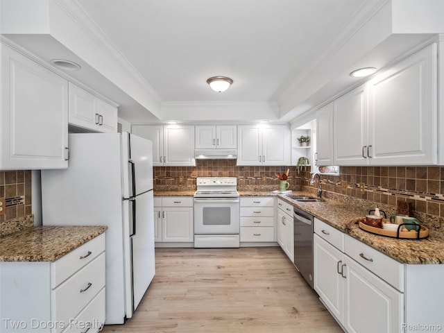 53020 Wolf Dr, Shelby Twp, MI 48316 - kitchen with white appliances, under cabinet range hood, a sink, backsplash, and white cabinetry