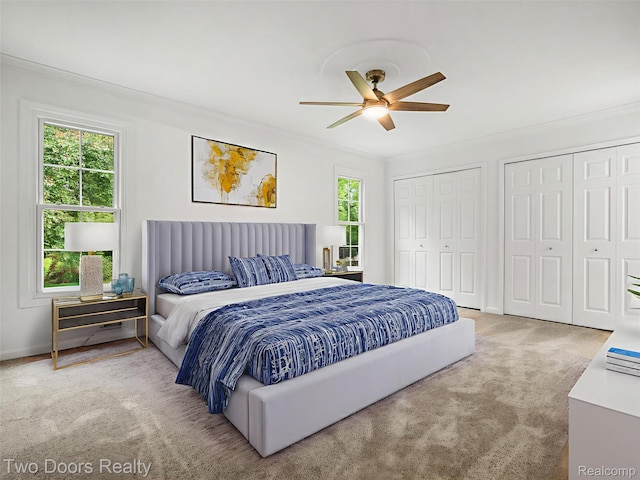 53020 Wolf Dr, Shelby Twp, MI 48316 - carpeted bedroom featuring multiple windows, multiple closets, crown molding, and a ceiling fan