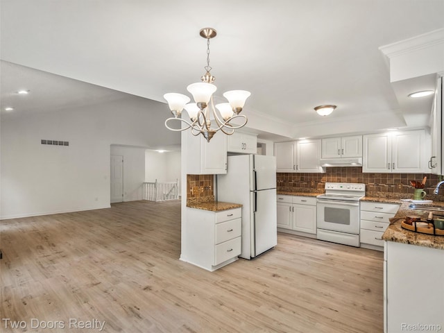 53020 Wolf Dr, Shelby Twp, MI 48316 - kitchen with white appliances, under cabinet range hood, backsplash, white cabinetry, and recessed lighting