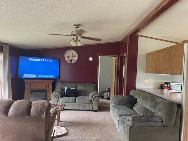 8295 Mccain Rd, Parma, MI 49269 - living area featuring vaulted ceiling, carpet floors, a textured ceiling, and ceiling fan