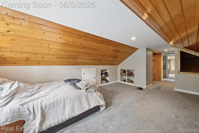 8921 Lake Rd, Grosse Ile, MI 48138 - carpeted bedroom with vaulted ceiling, wooden ceiling, baseboards, and recessed lighting